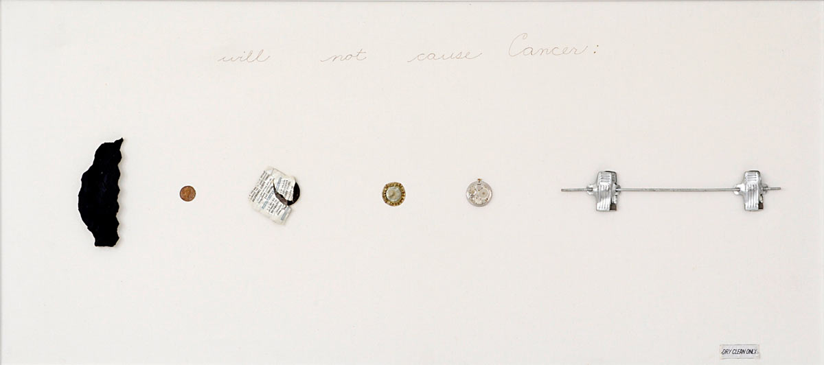 Will Not Cause Cancer, found object collage, 40” x18” x 2”, 1976